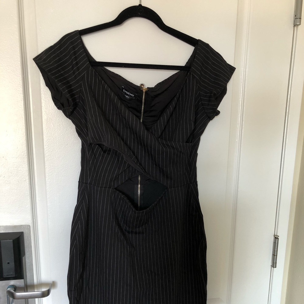 Pinstripe Off The Shoulder Bebe Dress